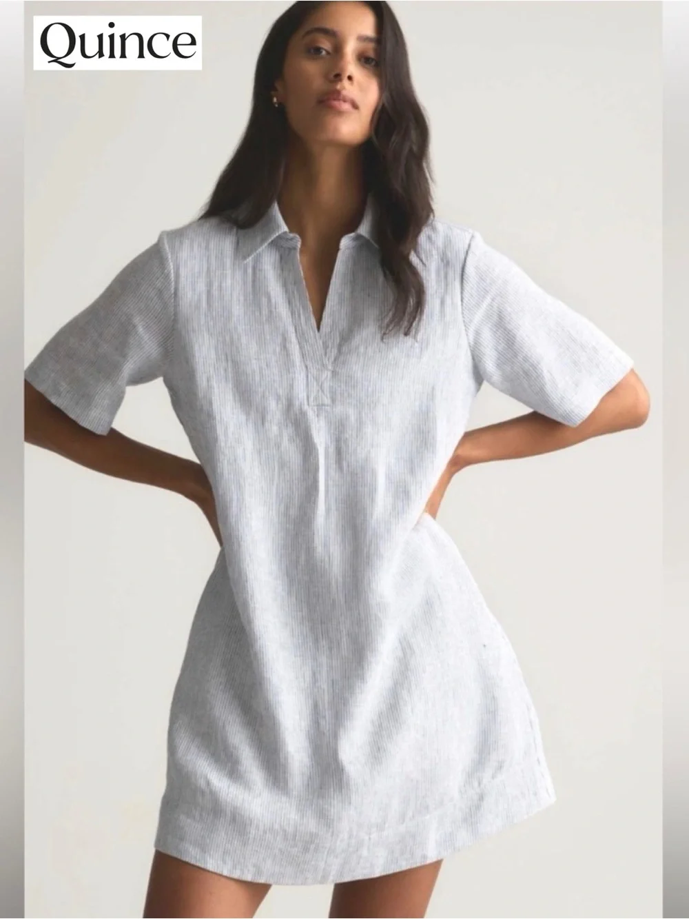 Quince 100% European Linen Popover Mini Dress Blue Pinstripe M Summer Pockets - Picture 1 of 15